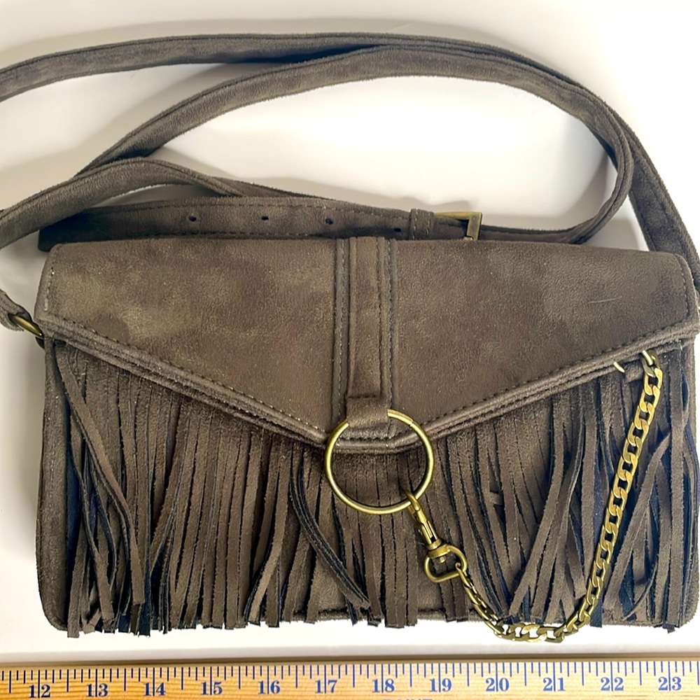 Steve Madden fringe green faux suede crossbody bag moss green, bronze toned HW